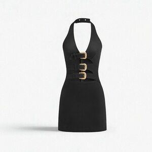Commense Black Halter Dress with Gold Buckles